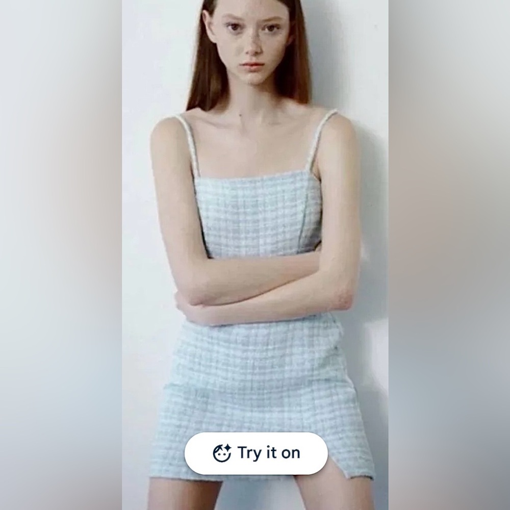 Zara Mini Dress Tweed Bodycon Low Cut Revealing in blue & white colors Size S